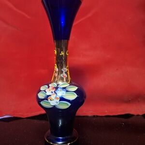 Vintage Bohemian Cobalt Blue Bud Vase – Hand-Painted Gold & Floral – 8"